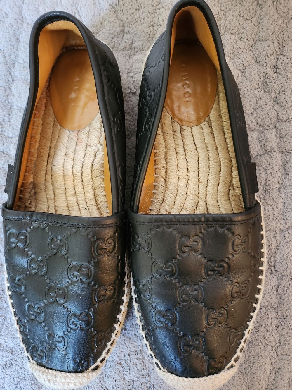 Gicci Leather Embroidered Monogram Black Espadrille Flats